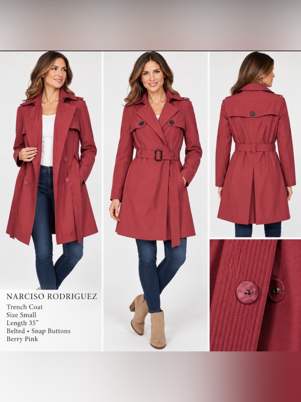 Narciso Rodriguez Trench Coat Berry Pink Belted Jacket Snap Buttons Size Small